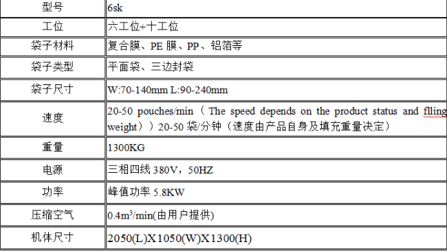 给袋式真空包装机参数